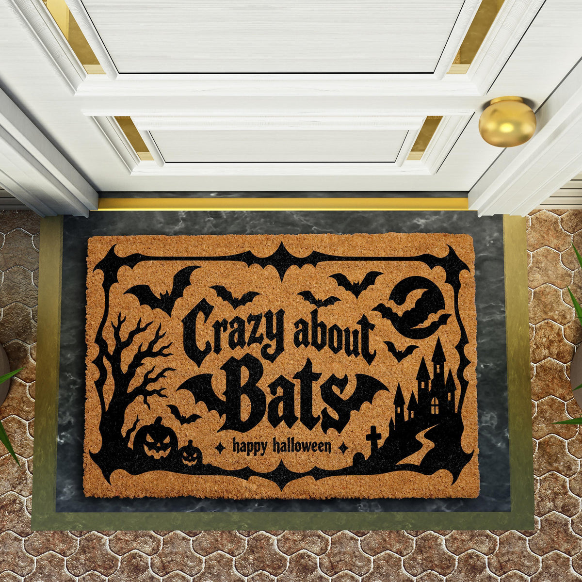 Doormat with bats, a castle and "Crazy about bats" lettering