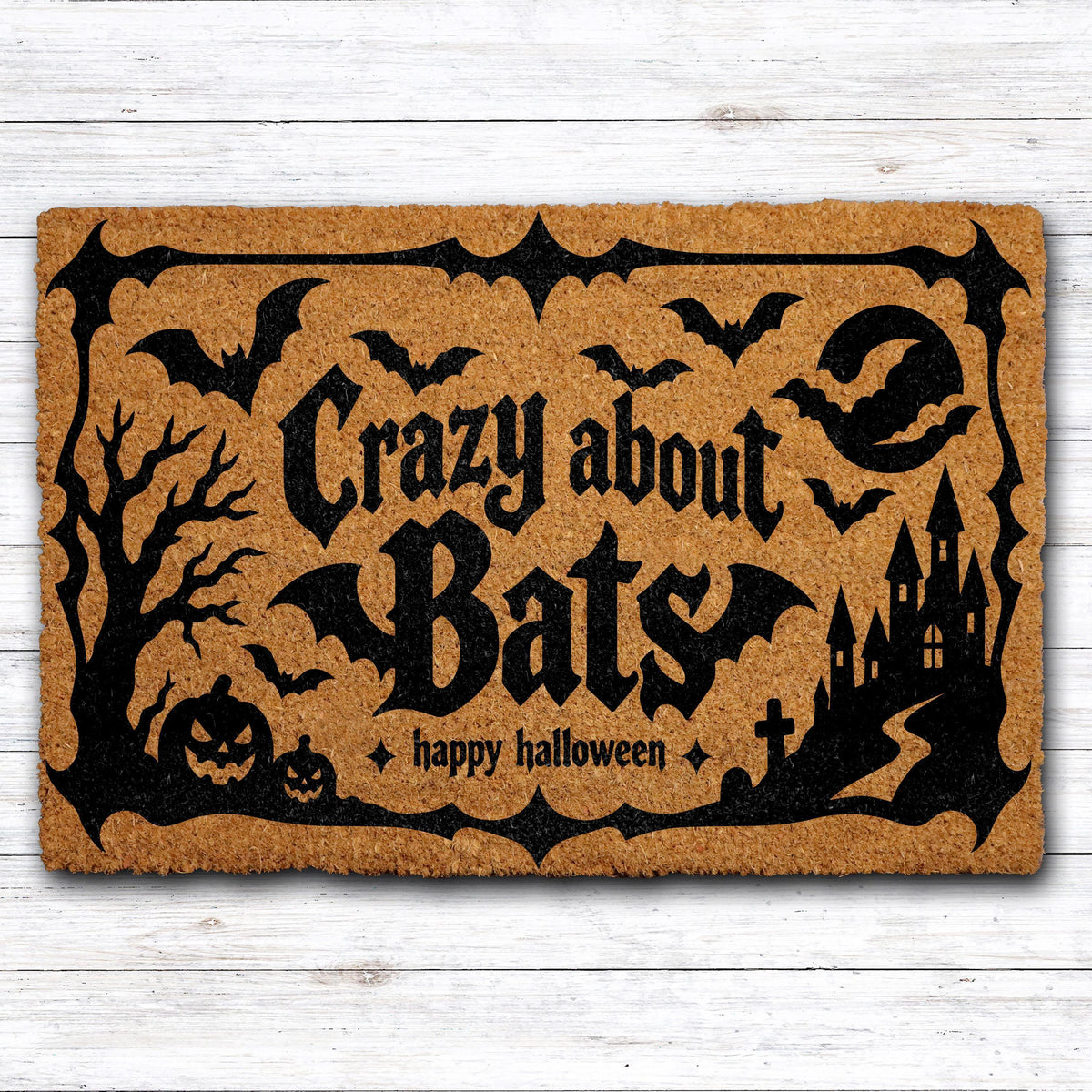 Doormat with bats, a castle and "Crazy about bats" lettering