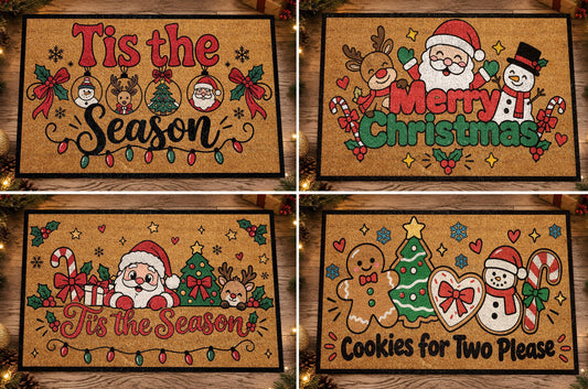 Four Christmas doormats with festive lettering and holiday illustrations