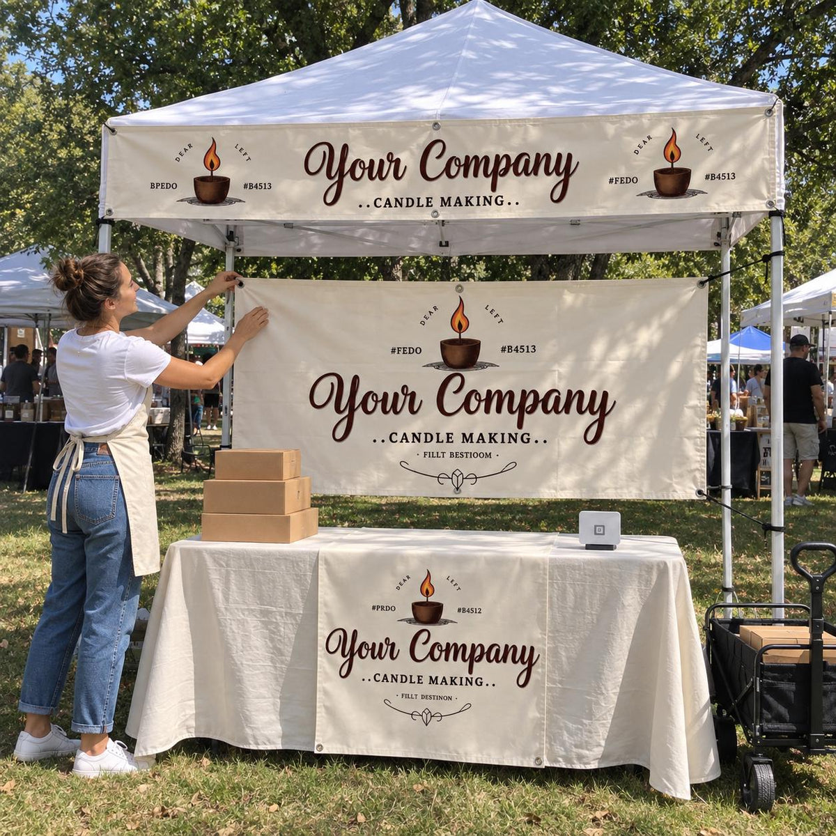Custom Tent Canopy Banner Set, Small Business Backdrop, Table Runner (Candle Business)