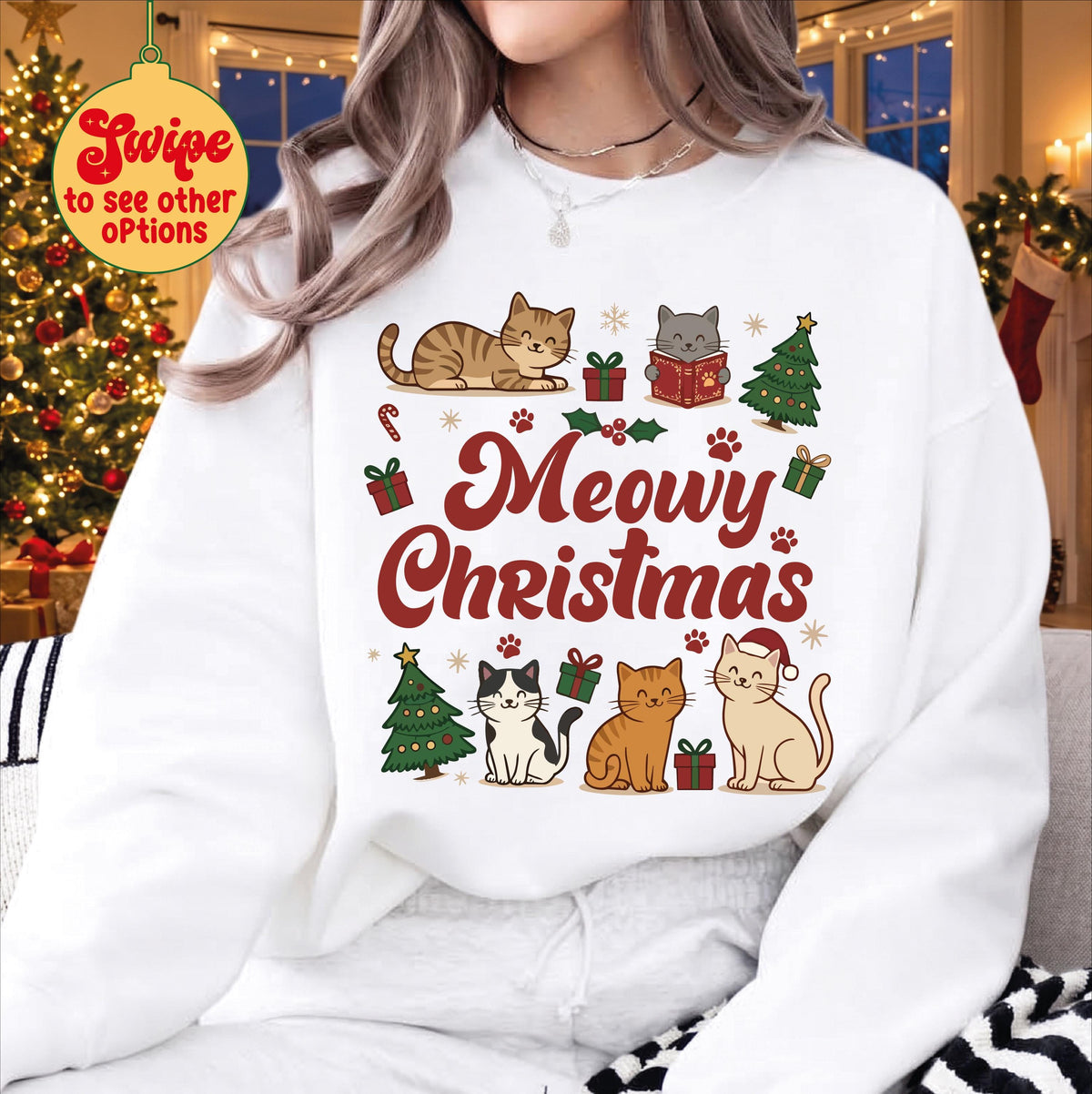 Meowy Christmas Sweatshirt, Funny Cat Christmas Shirt, Cute Kitten Holiday Sweater, Cat Lover Xmas Gift, Retro Christmas Cat Mom Apparel