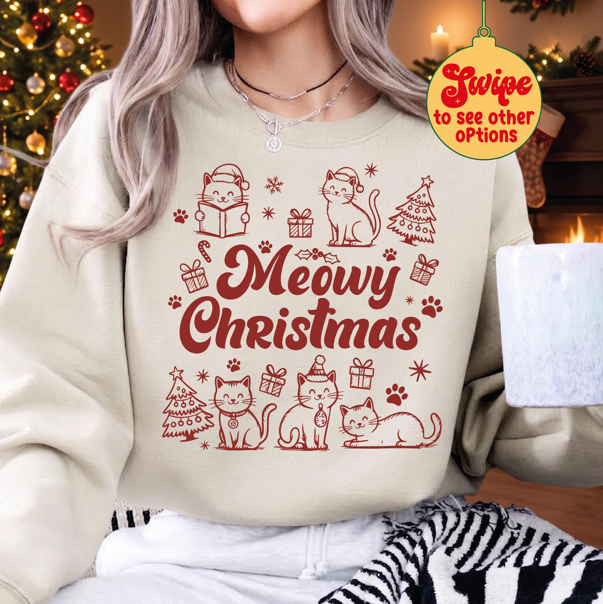 Meowy Christmas Sweatshirt, Funny Cat Christmas Shirt, Cute Kitten Holiday Sweater, Cat Lover Xmas Gift, Retro Christmas Cat Mom Apparel