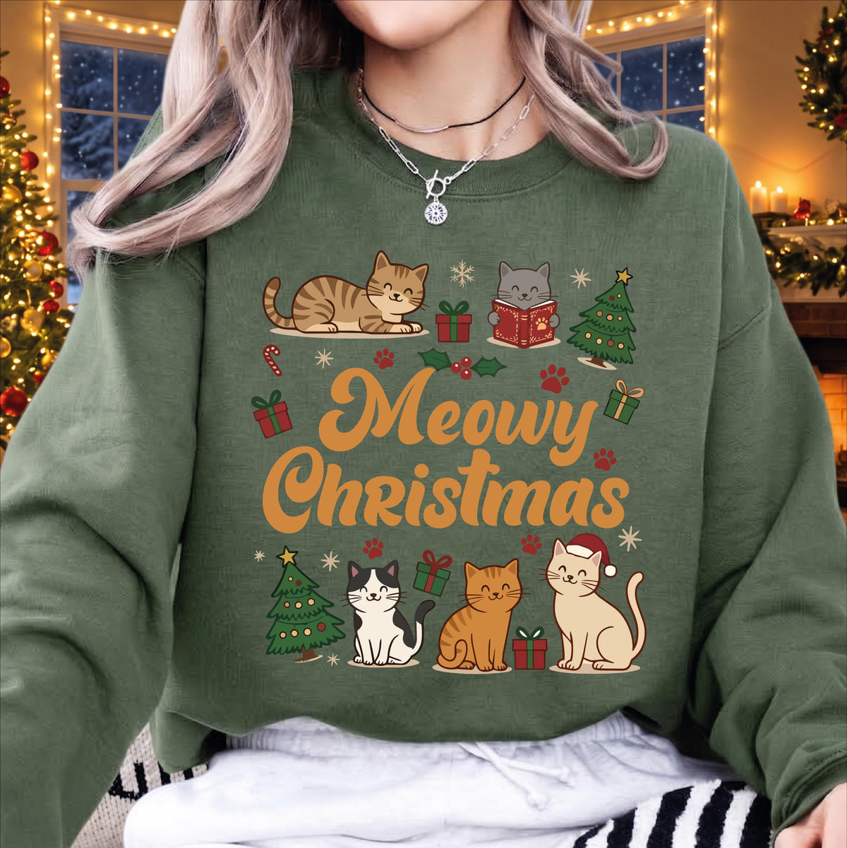 Meowy Christmas Sweatshirt, Funny Cat Christmas Shirt, Cute Kitten Holiday Sweater, Cat Lover Xmas Gift, Retro Christmas Cat Mom Apparel