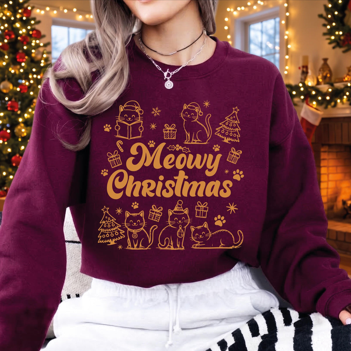 Meowy Christmas Sweatshirt, Funny Cat Christmas Shirt, Cute Kitten Holiday Sweater, Cat Lover Xmas Gift, Retro Christmas Cat Mom Apparel