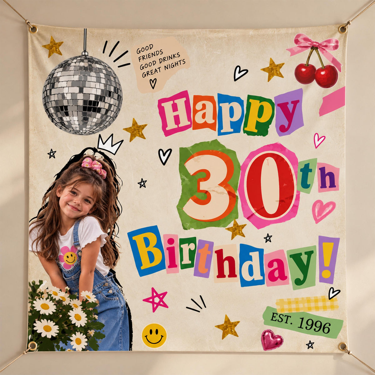 Custom 30th Birthday Photo Banner, Personalized Party Backdrop, Retro 90s Birthday Decorations, Cherry Disco Theme Bday Tapestry