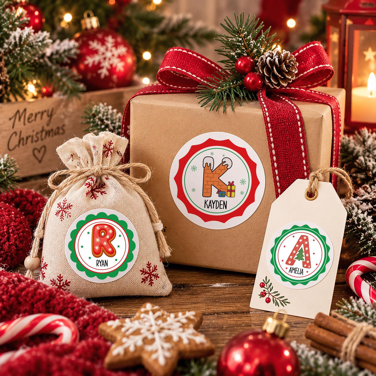 Personalized Christmas Initial Stickers, Custom Name Gift Tags, Holiday Monogram Labels, Kids Xmas Present Decal