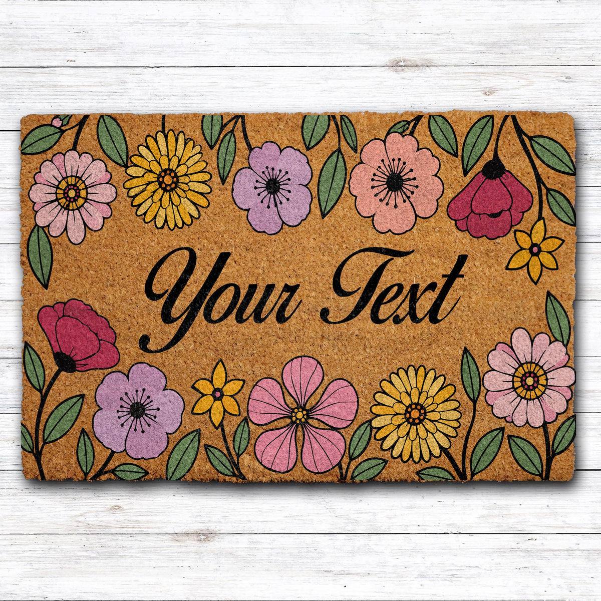 Custom Text Wildflower Doormat, Personalized Colorful Floral Entryway Rug, Unique Botanical Welcome Floor Mat, Boho Housewarming Present