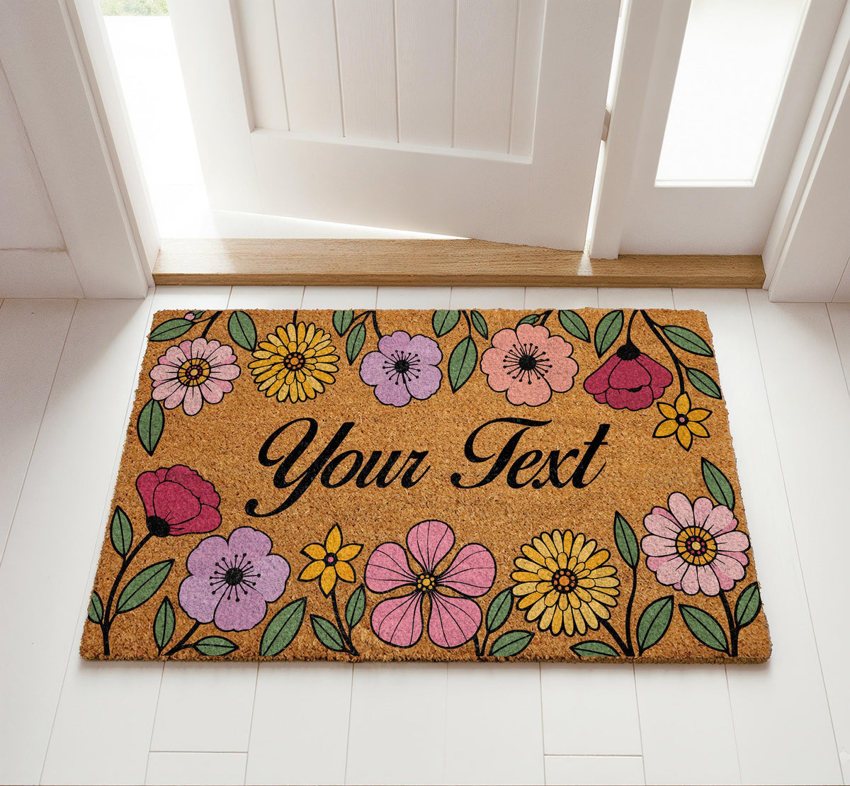 Custom Text Wildflower Doormat, Personalized Colorful Floral Entryway Rug, Unique Botanical Welcome Floor Mat, Boho Housewarming Present