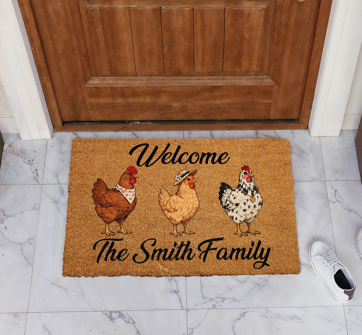Personalized Chicken Family Coir Doormat, Custom Name Farmhouse Welcome Mat, Unique Rooster Hen Country Home Decor, Housewarming Gift Idea