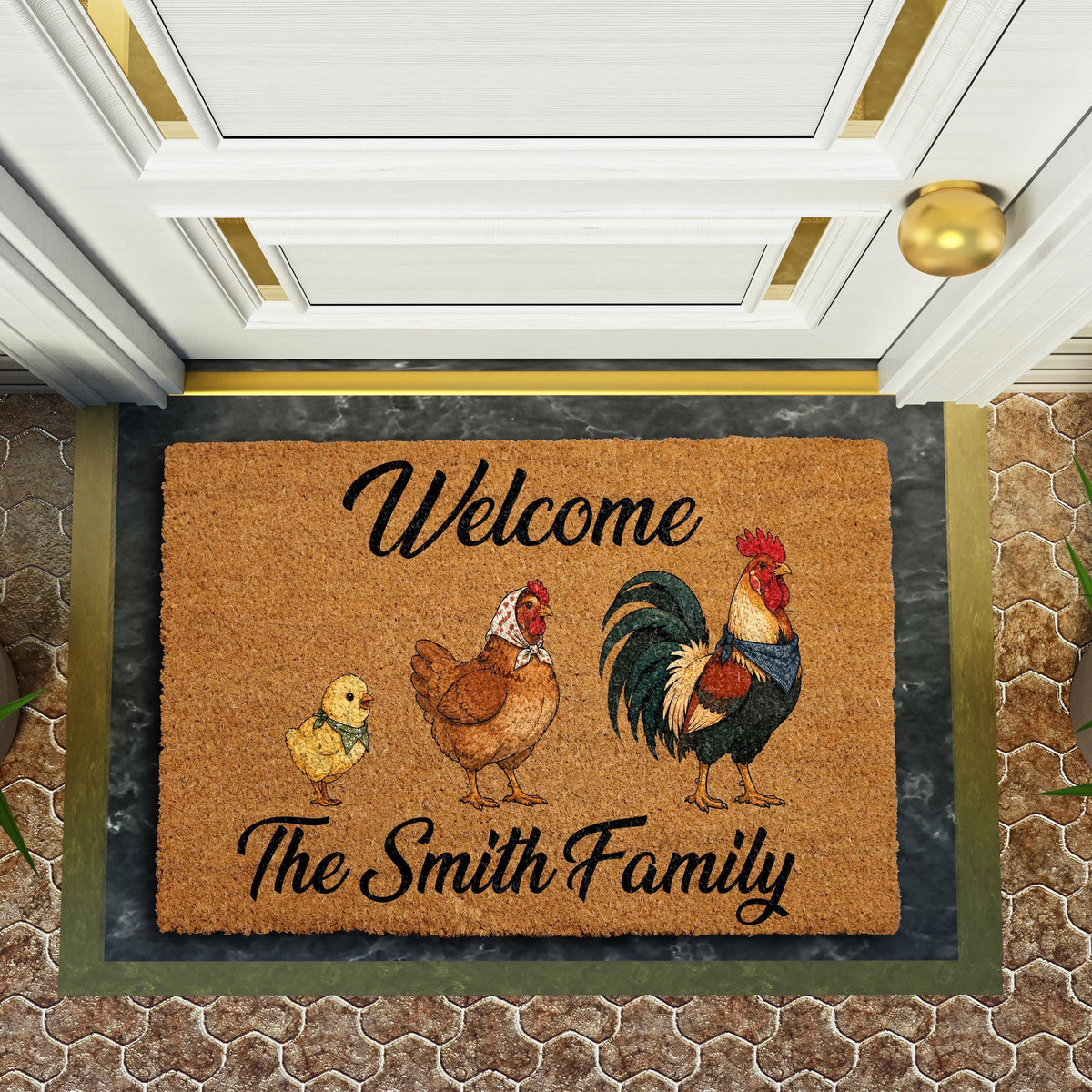 Personalized Chicken Family Coir Doormat, Custom Name Farmhouse Welcome Mat, Unique Rooster Hen Country Home Decor, Housewarming Gift Idea