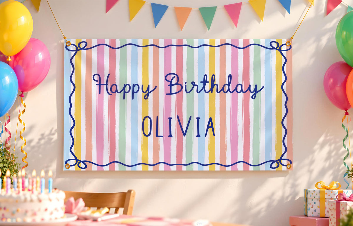 Pastel Rainbow Birthday Banner, Personalized Striped Backdrop, Custom Colorful Party Sign, Girls Birthday Decor