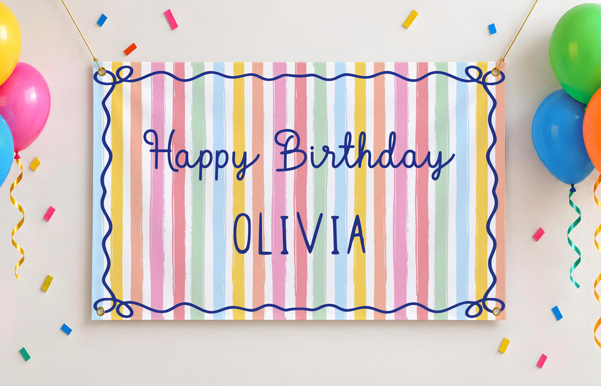 Pastel Rainbow Birthday Banner, Personalized Striped Backdrop, Custom Colorful Party Sign, Girls Birthday Decor