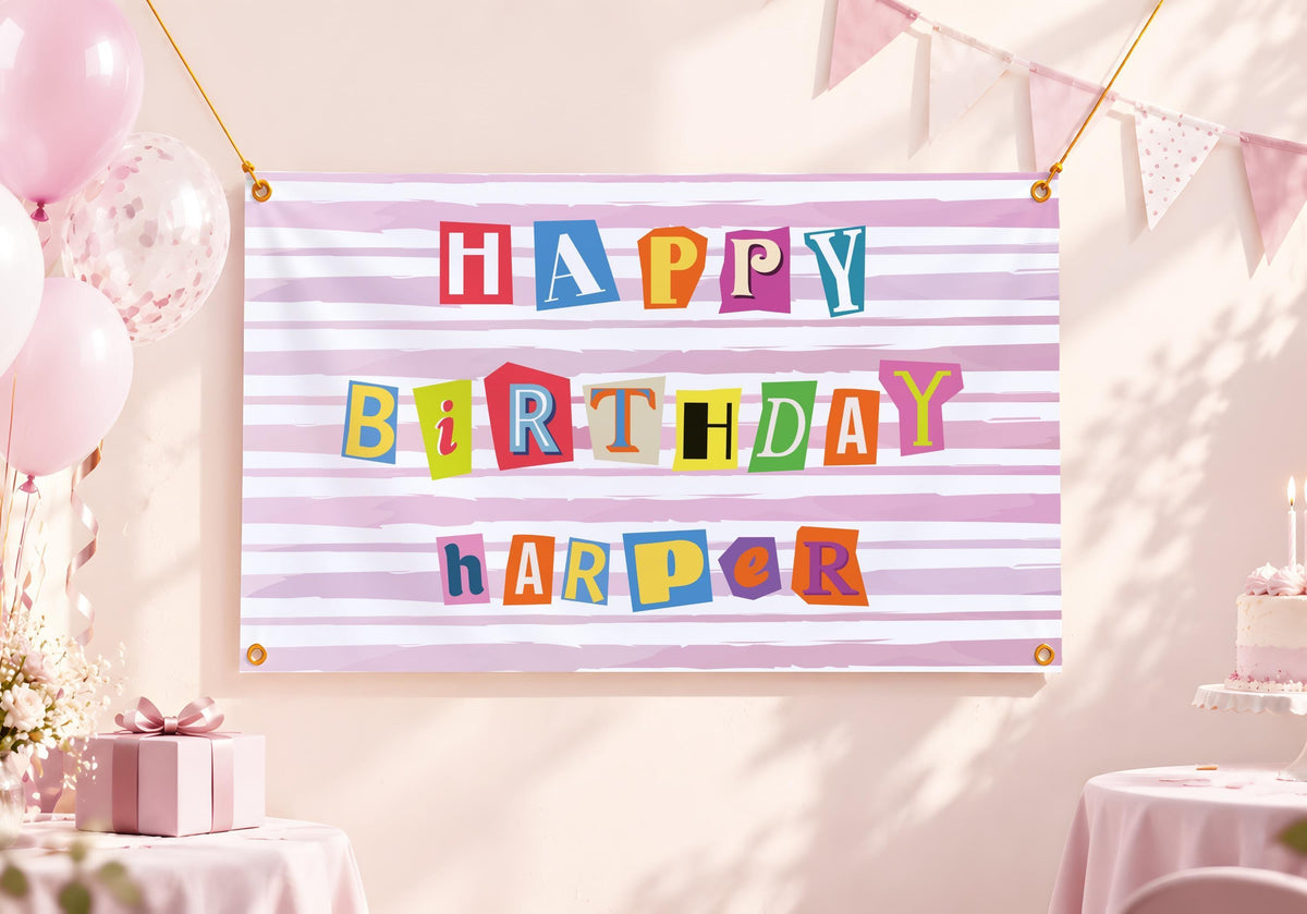 Ransom Note Birthday Banner, Custom Cutout Letter Sign, Magazine Letter Backdrop, Pastel Striped Party Tapestry