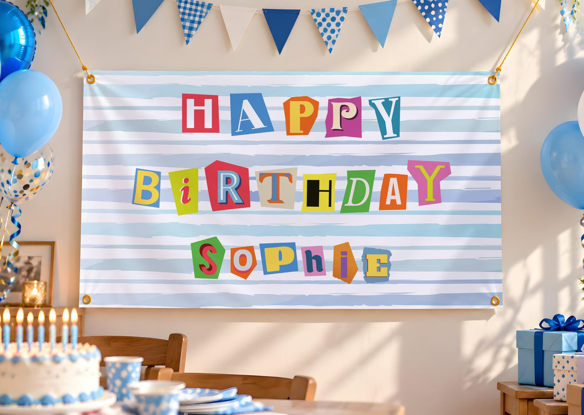 Ransom Note Birthday Banner, Custom Cutout Letter Sign, Magazine Letter Backdrop, Pastel Striped Party Tapestry