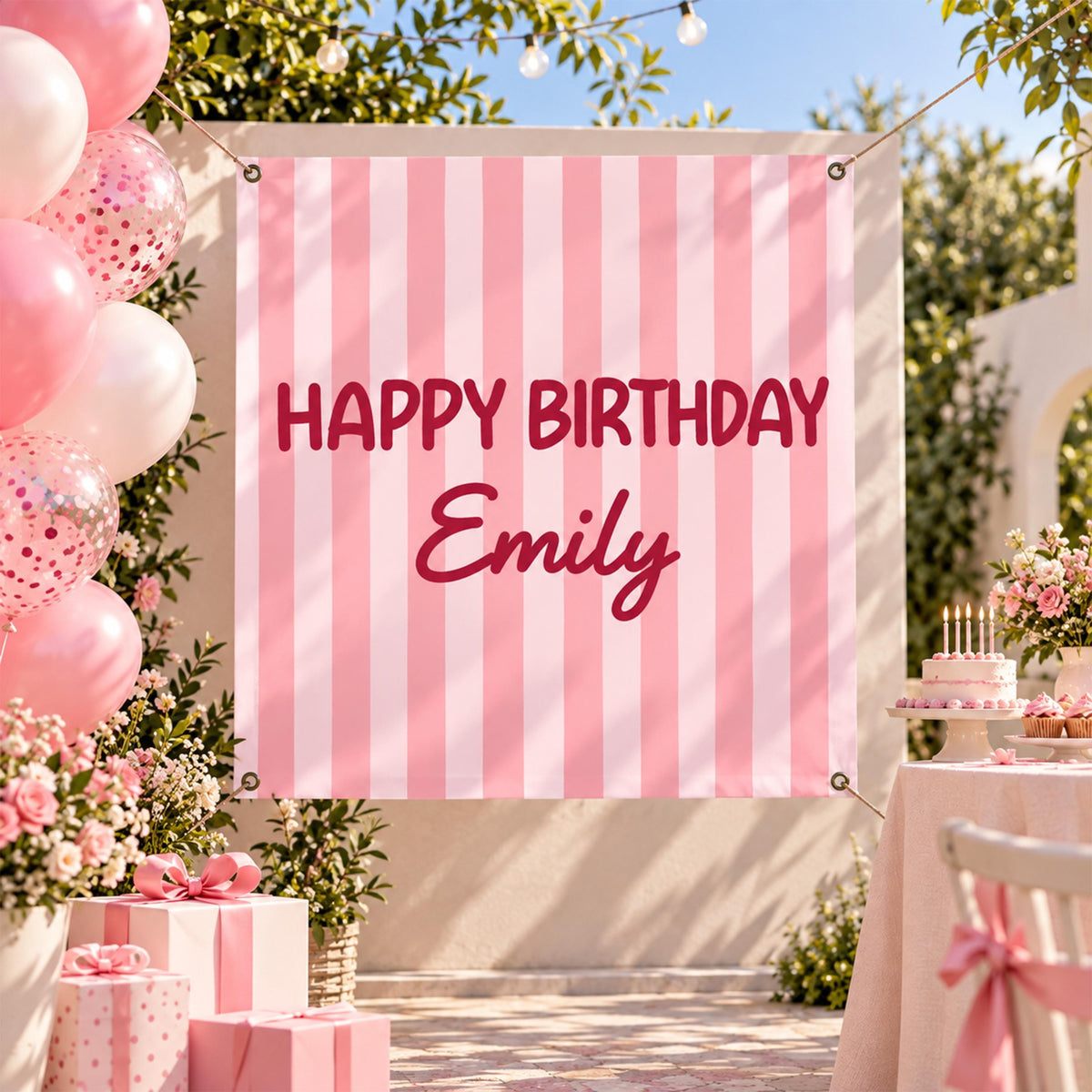 Custom Striped Birthday Banner, Personalized Pastel Party Backdrop, Choose Your Color Sign, Kids Birthday Decor