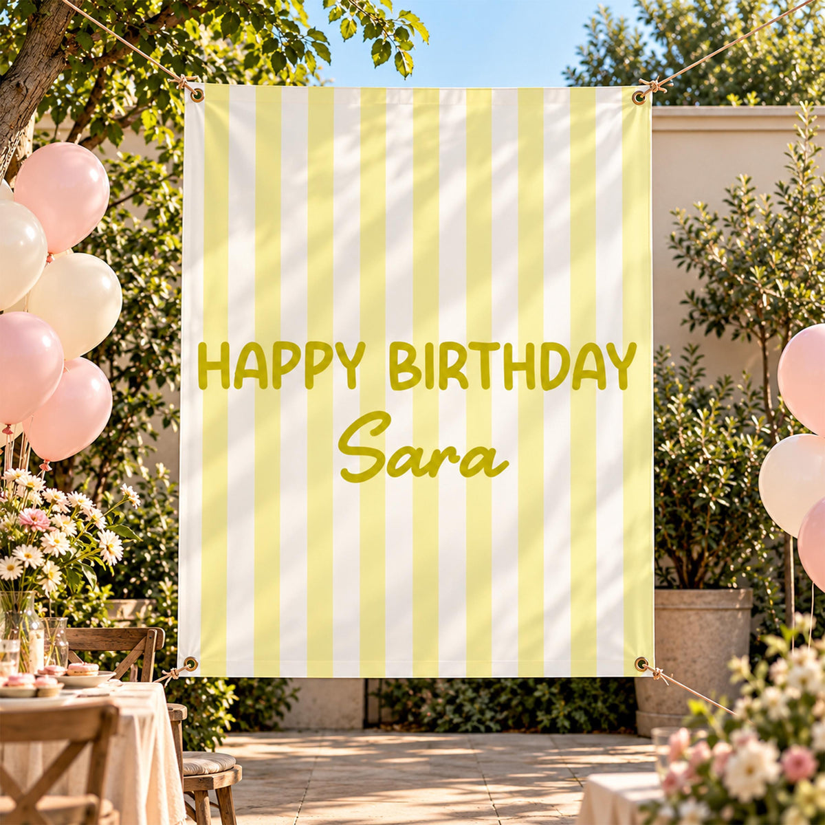 Custom Striped Birthday Banner, Personalized Pastel Party Backdrop, Choose Your Color Sign, Kids Birthday Decor