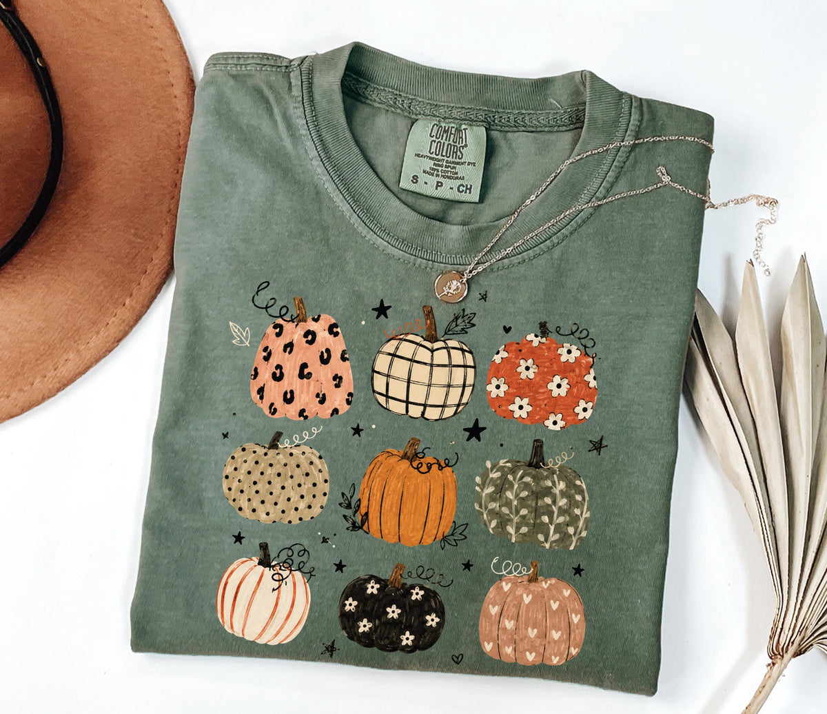Pumpkin Pattern Comfort Colors® Shirt, Boho Autumn Vibes Tee, Thanksgiving Women Gift
