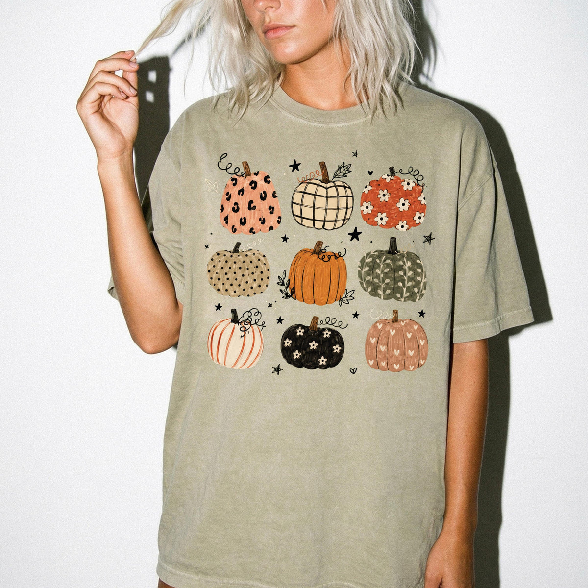 Pumpkin Pattern Comfort Colors® Shirt, Boho Autumn Vibes Tee, Thanksgiving Women Gift