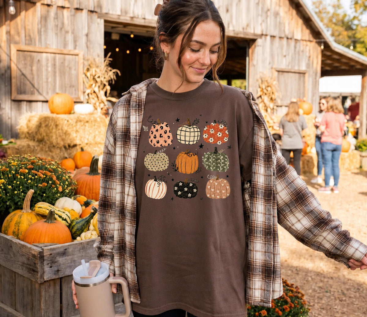 Pumpkin Pattern Comfort Colors® Shirt, Boho Autumn Vibes Tee, Thanksgiving Women Gift