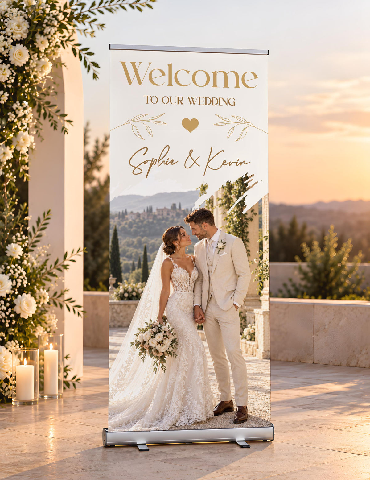 Custom Photo Wedding Standing Welcome Sign, Personalized Bridal Retractable Banner, Roll Up Reception Decor