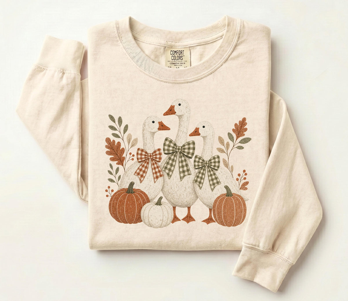 Fall Geese Comfort Colors® Long Sleeve, Vintage Cottagecore Goose Shirt, Coquette Bow Thanksgiving Tee