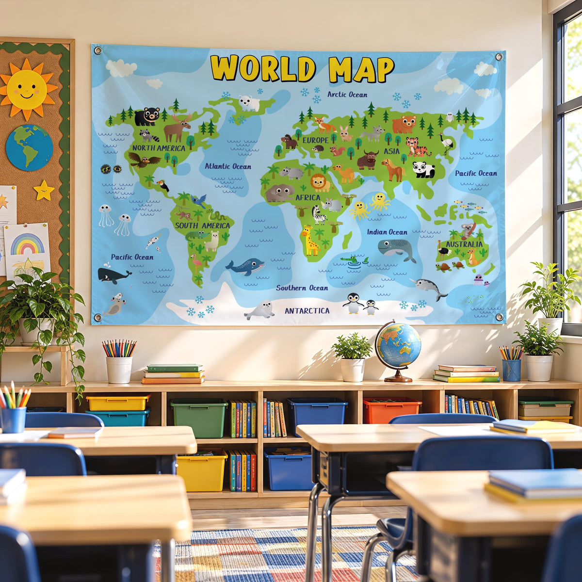 Educational World Map Banner, Kids Classroom Backdrop, Animal Geography Poster, Playroom Wall Decor, Geography Tapestry