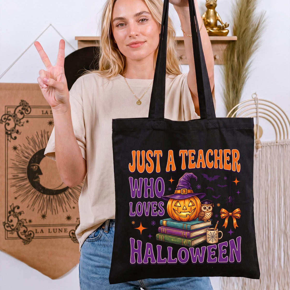 Halloween Teacher Tote Bag, Spooky Season Teacher Tote, Pumpkin Teacher Gift Bag