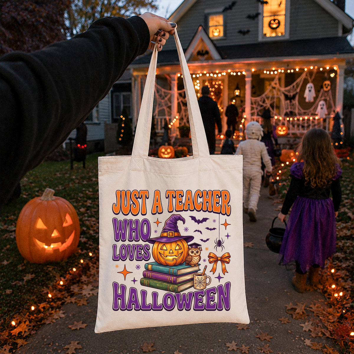 Halloween Teacher Tote Bag, Spooky Season Teacher Tote, Pumpkin Teacher Gift Bag