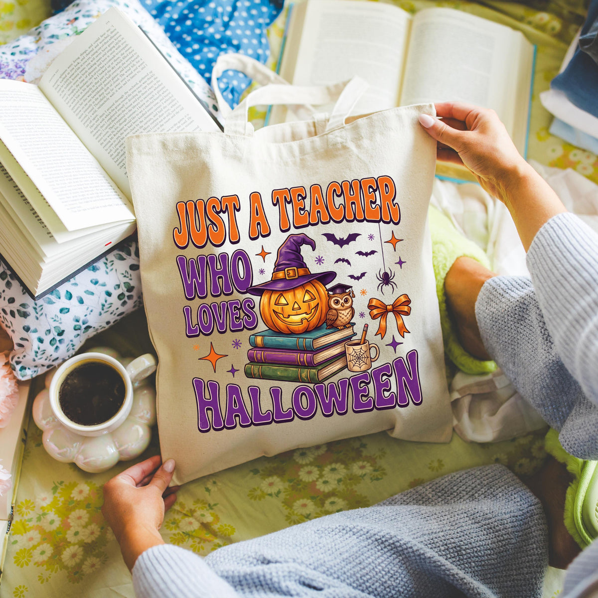 Halloween Teacher Tote Bag, Spooky Season Teacher Tote, Pumpkin Teacher Gift Bag