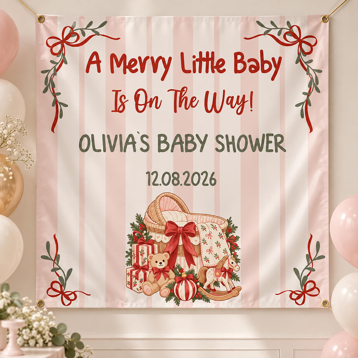 A Merry Little Baby Shower Banner, Christmas Baby Girl Backdrop, Coquette Bow Holiday Party Welcome Sign