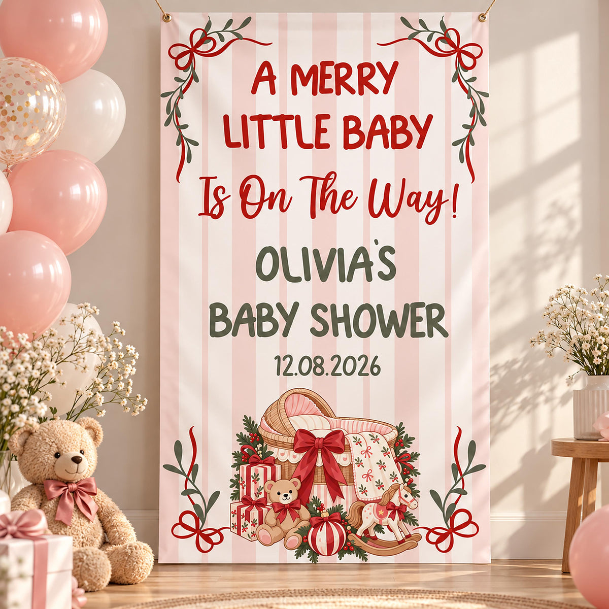 A Merry Little Baby Shower Banner, Christmas Baby Girl Backdrop, Coquette Bow Holiday Party Welcome Sign