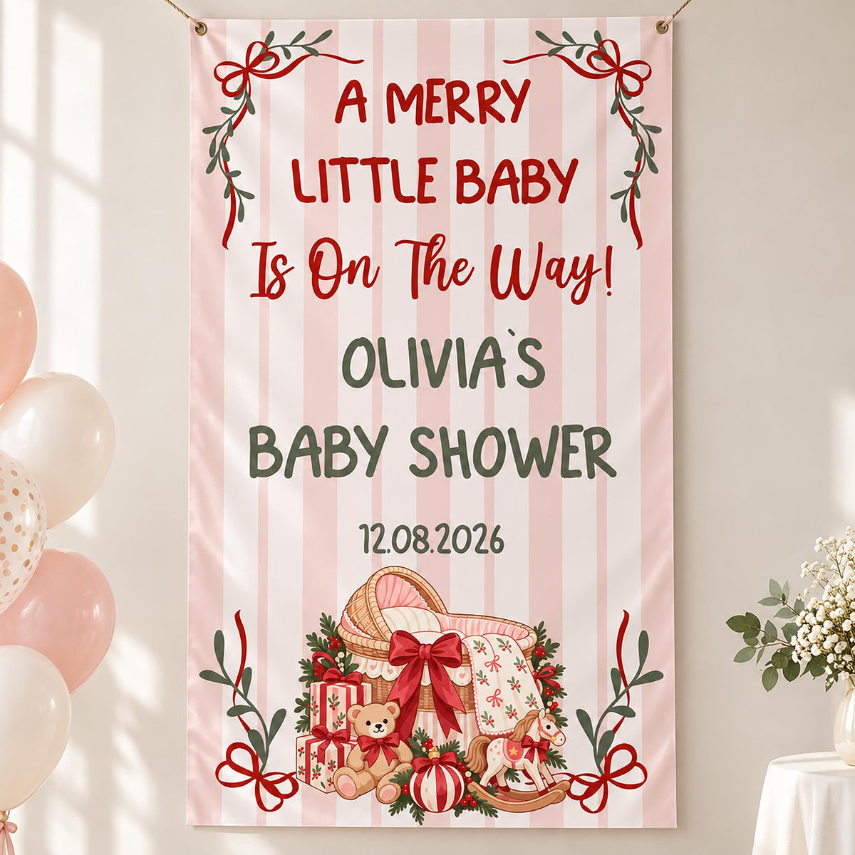 A Merry Little Baby Shower Banner, Christmas Baby Girl Backdrop, Coquette Bow Holiday Party Welcome Sign