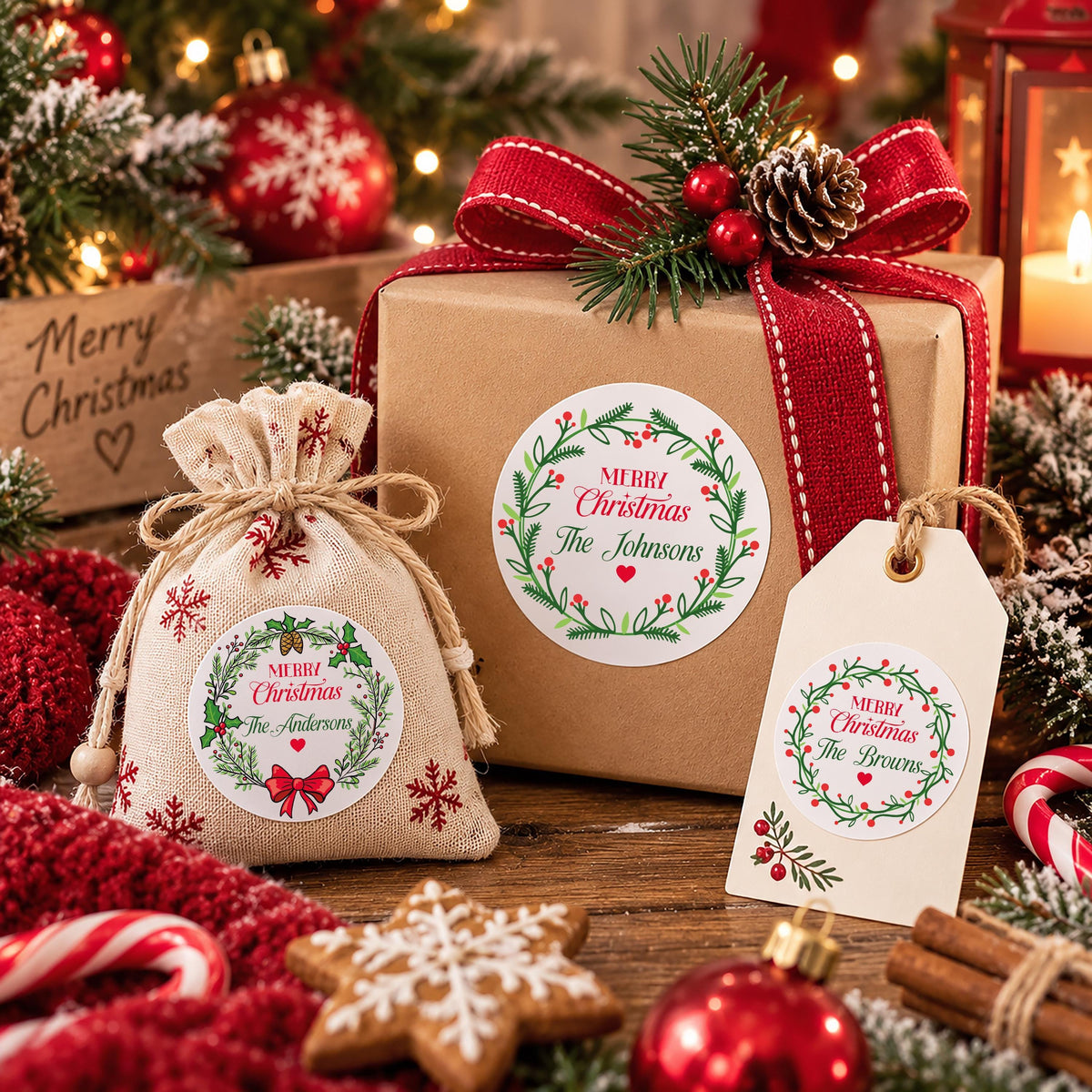 Custom Merry Christmas Labels, Personalized Family Christmas Stickers, Holiday Card Labels