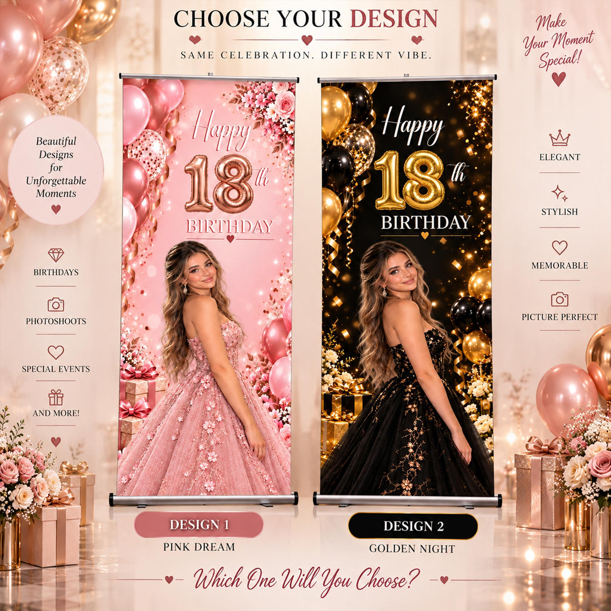Custom 18th Birthday Roll Up Banner, Personalized Photo Welcome Sign, Retractable Elegant Standing Party Decor