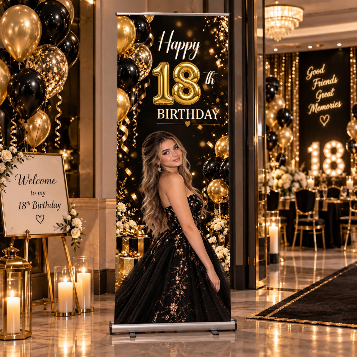 Custom 18th Birthday Roll Up Banner, Personalized Photo Welcome Sign, Retractable Elegant Standing Party Decor
