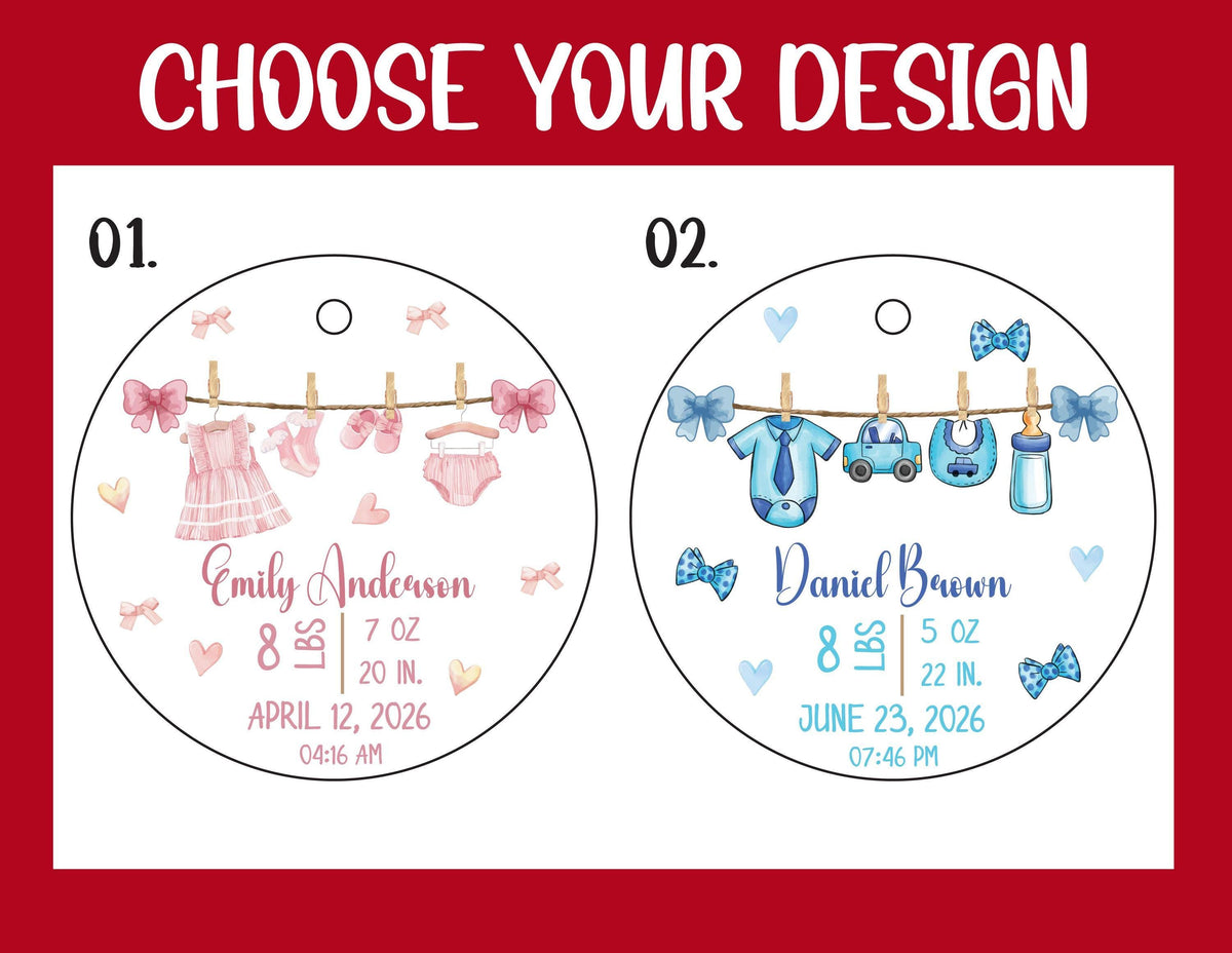 Pink and blue baby birth-stat ornament designs