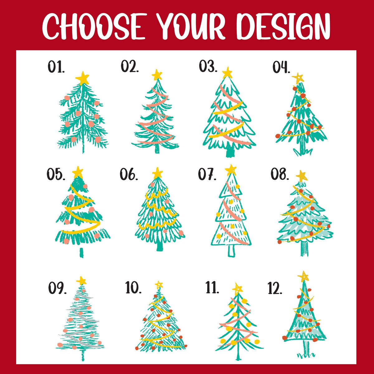 Twelve Christmas tree ornament design choices