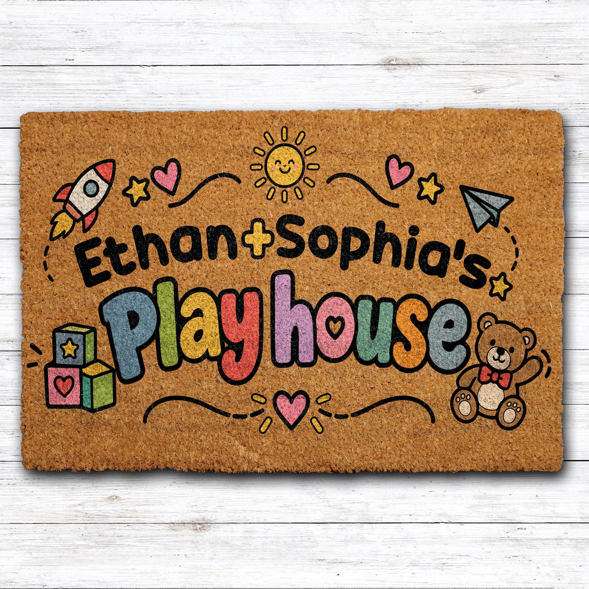 Doormat with playhouse lettering, toys and personalized names