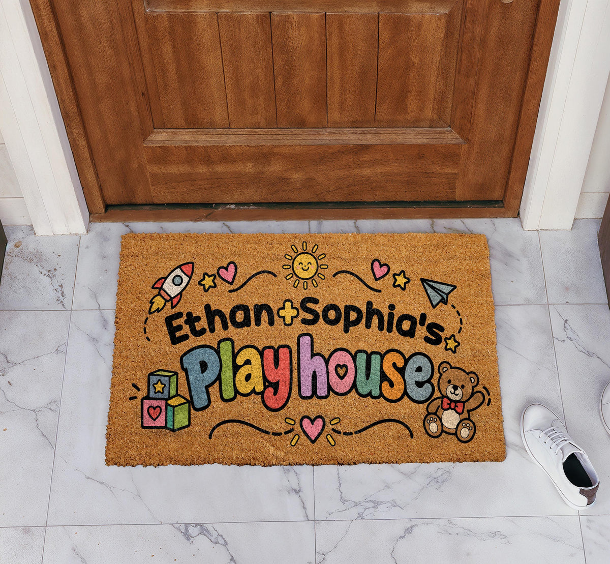 Doormat with playhouse lettering, toys and personalized names