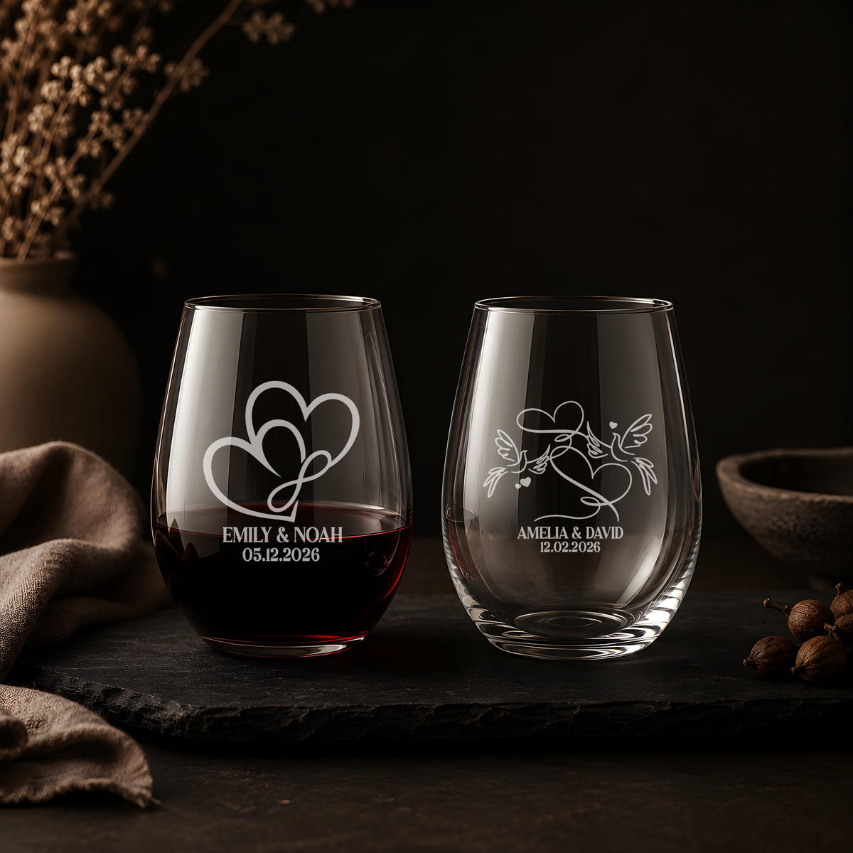 Personalized Wedding Wine Glass, Engraved Mr and Mrs Stemless Wine Cup with Names and Date
