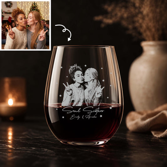Personalized Photo Portrait Wine Glass, Engraved Soul Sisters Stemless Glass for Best Friends