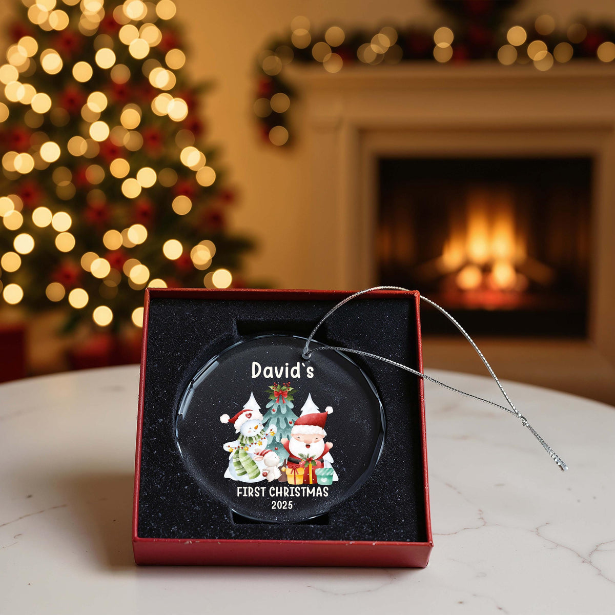 Custom Name Baby's First Christmas Glass Ornament, Santa Newborn Keepsake