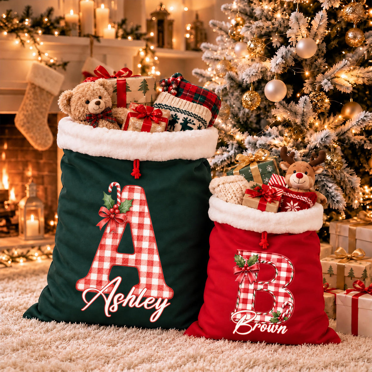 Custom Initial Santa Sacks, Monogram Christmas Gift Bag, XMAS Kids Present Sack, Matching Family Toy Gift Bag