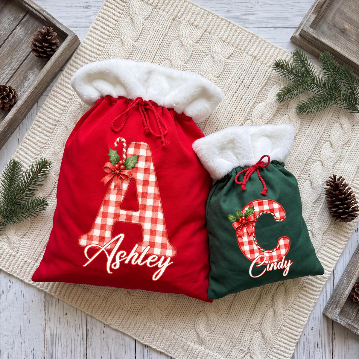 Custom Initial Santa Sacks, Monogram Christmas Gift Bag, XMAS Kids Present Sack, Matching Family Toy Gift Bag