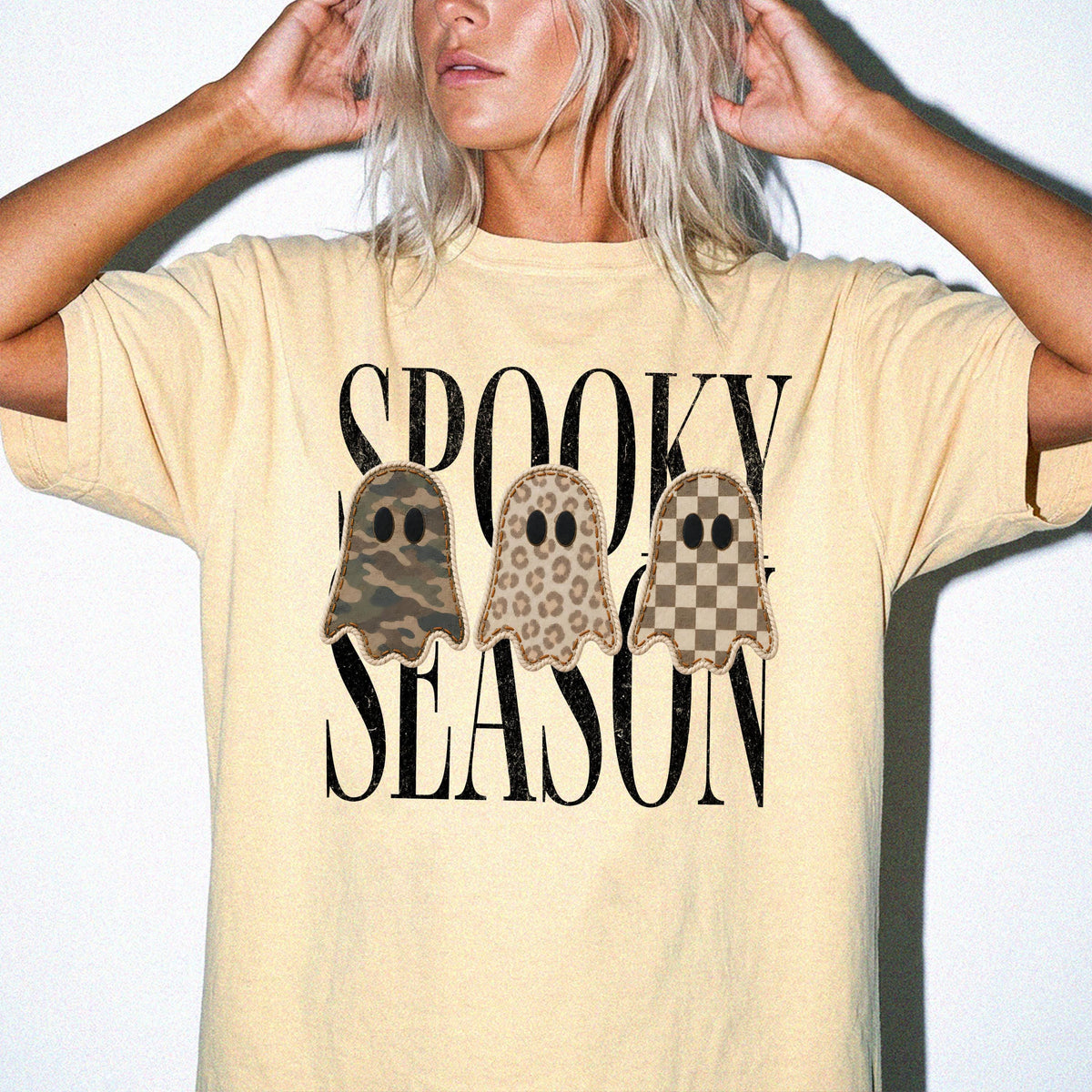 Camo Spooky Season Comfort Colors® Long Sleeve, Checkered Ghost Shirt, Halloween Ghosts Tee