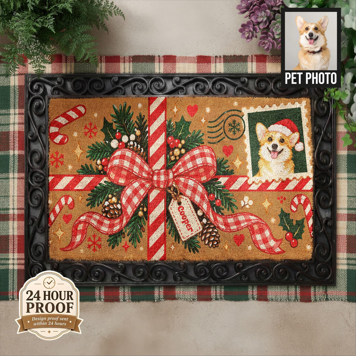 Custom Pet Portrait Christmas Doormat, Personalized Cat Dog Photo Mat, Holiday Gift Bow Coir Rug, Custom Stamp Pet Name Porch Decor