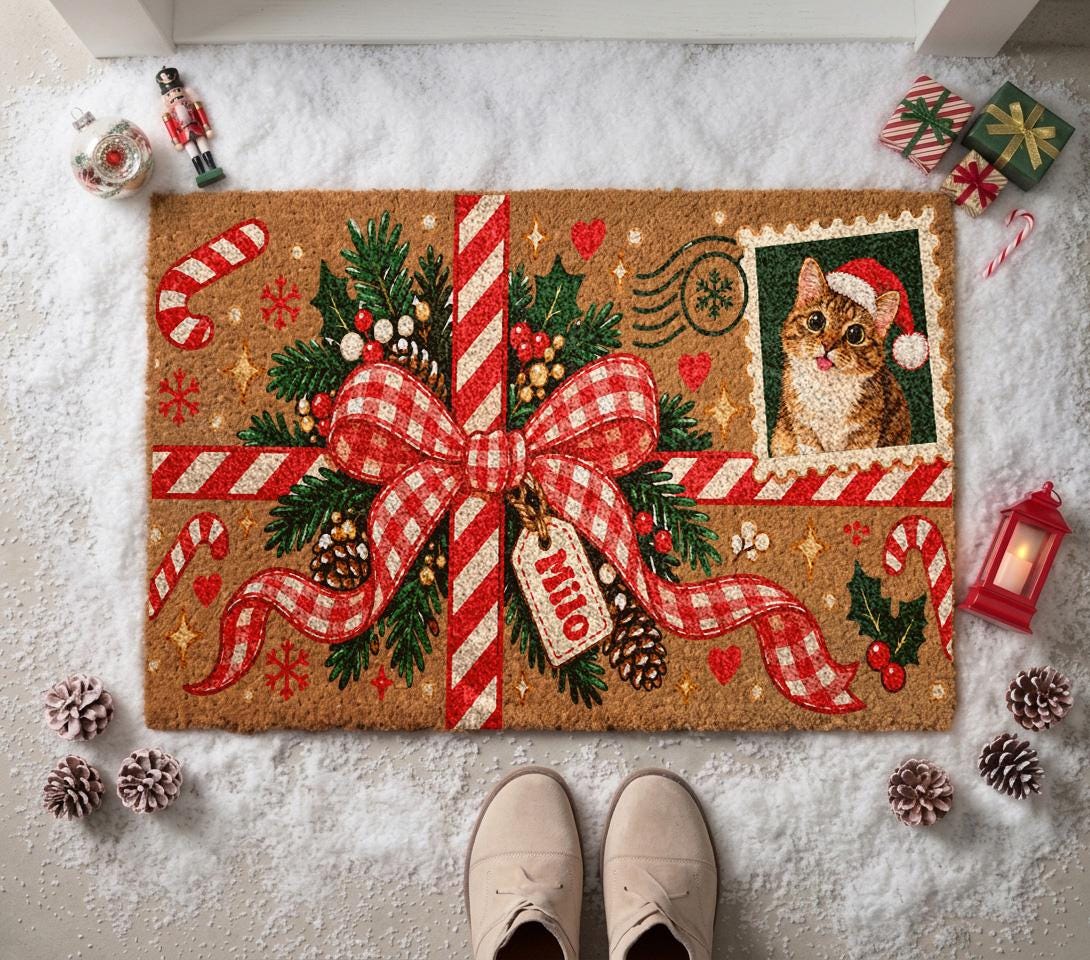 Custom Pet Portrait Christmas Doormat, Personalized Cat Dog Photo Mat, Holiday Gift Bow Coir Rug, Custom Stamp Pet Name Porch Decor