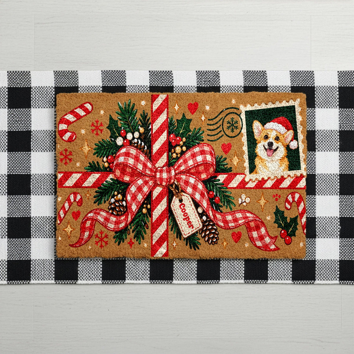 Custom Pet Portrait Christmas Doormat, Personalized Cat Dog Photo Mat, Holiday Gift Bow Coir Rug, Custom Stamp Pet Name Porch Decor