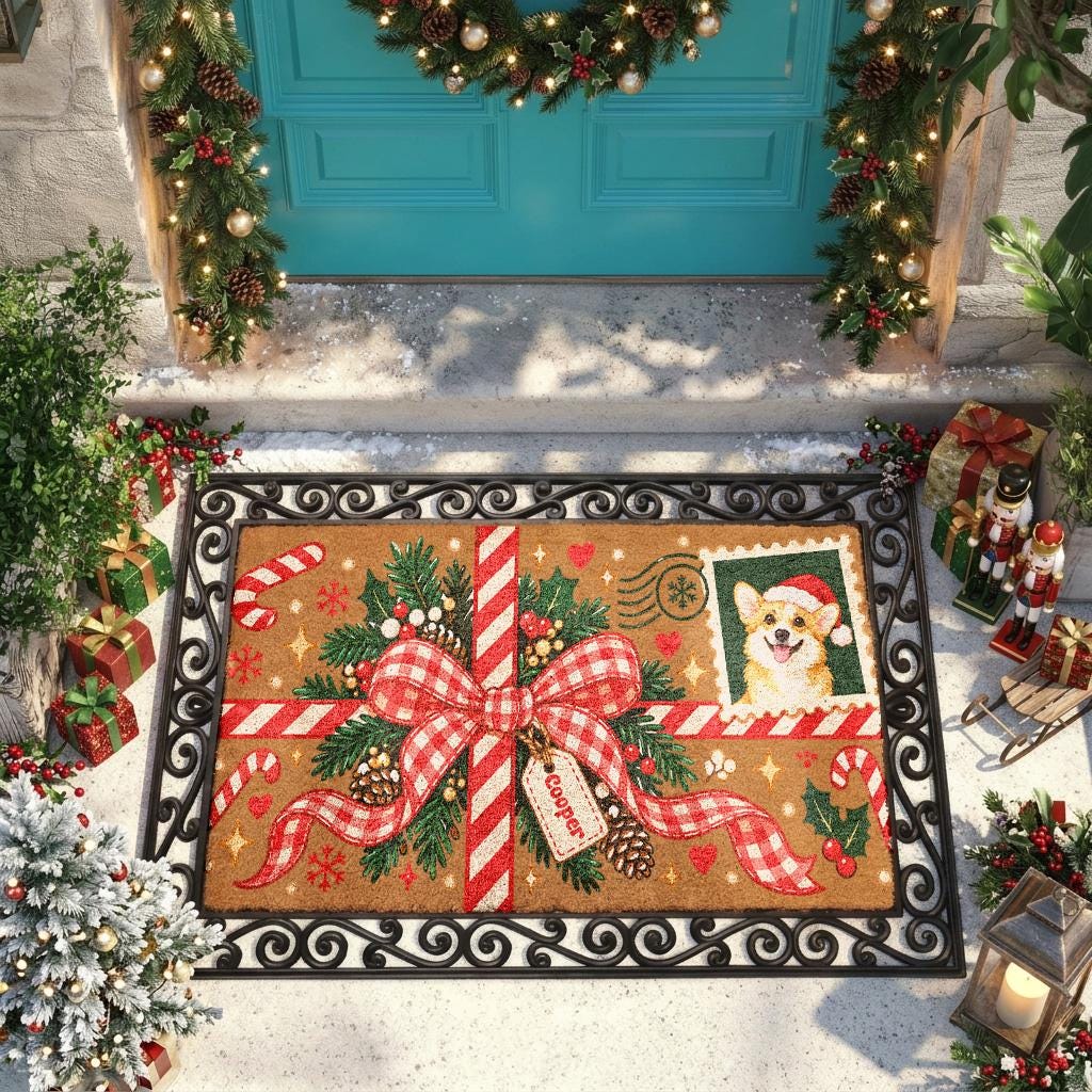 Custom Pet Portrait Christmas Doormat, Personalized Cat Dog Photo Mat, Holiday Gift Bow Coir Rug, Custom Stamp Pet Name Porch Decor
