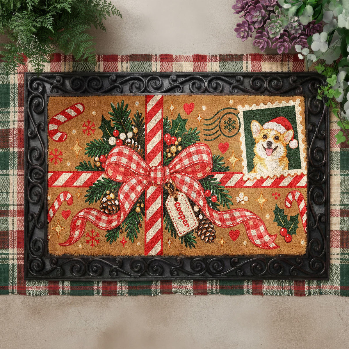 Custom Pet Portrait Christmas Doormat, Personalized Cat Dog Photo Mat, Holiday Gift Bow Coir Rug, Custom Stamp Pet Name Porch Decor